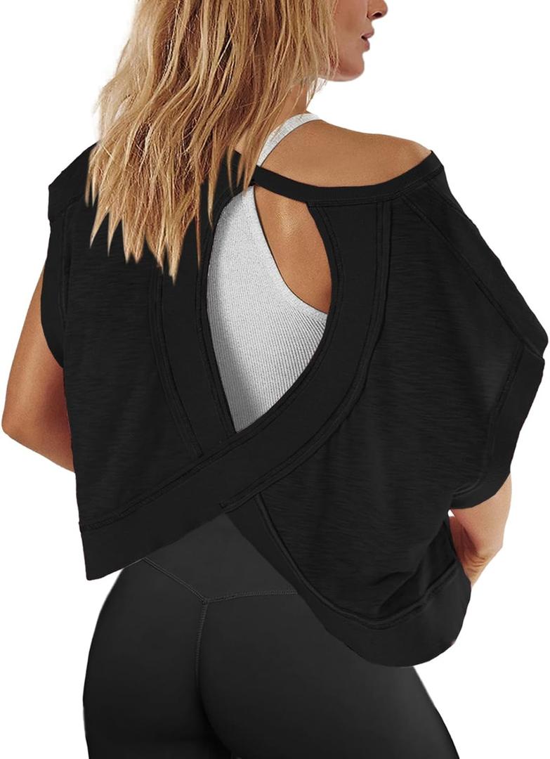Panadila Womens Open Back Workout Top Oversized Workout T Shirts Backless Athletic Shirt Short Sleeve Baby Tee S
