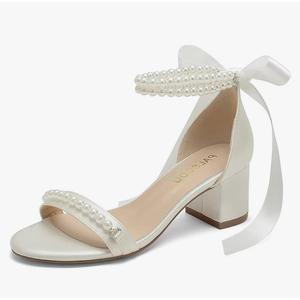 Block Heel Wedding Sandals, Pearl Embellished Ankle Strap, Low Heel Bridal Shoes for Women, Size EU 40