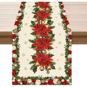 XCHI Christmas Poinsettias Leaves Bells Snowflakes Winter Xmas Table Runner Table Decoration for Home Kitchen Dining Holiday Decor 13x72 Inch