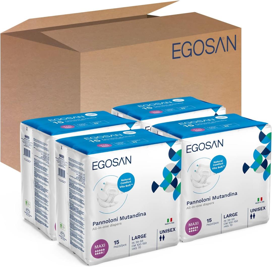 EGOSAN Maxi Incontinence Disposable Adult Diaper Brief Maximum Absorbency and Adjustable Tabs for Men and Women (Large Case, 60-Count)