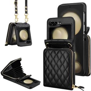 Vofolen Case for Samsung Galaxy Z Flip 5 with Card Holder, Crossbody 8-Card Slots Wallet Case with Adjustable Strap Soft PU Leather Protective Zipper for Women Girls, Black
