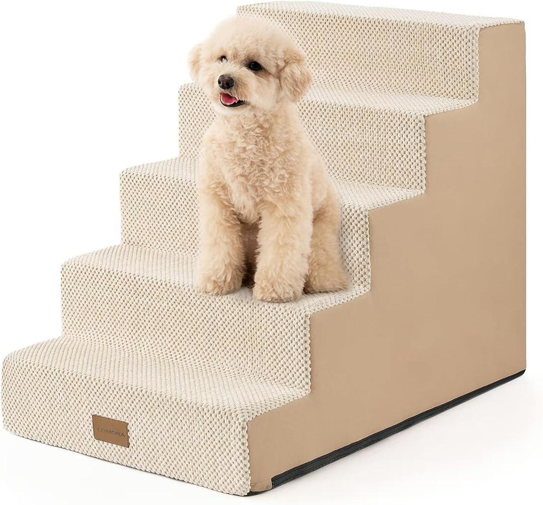 LOMORA Dog Stairs for Small Dogs, 5 Tier Widened Pet Stairs for High Beds, 23.6" H Non-Slip Dog Steps for Puppy, Elderly, or Disabled Dogs, 17.7x30x23.6 Inch, Beige