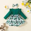 Noubeau Infant Baby Girl St.Patrick's Day Dress Ruffle Long Sleeve Romper Top Lucky Clover Print Skirt Outfits+Headband(Green-1,9-12 Months)