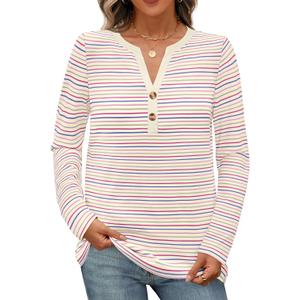 MEROKEETY Women's Fall Long Sleeve Striped Henley Tops V Neck Dressy Casual Loose Shirt 2025 Trendy Blouse (M)
