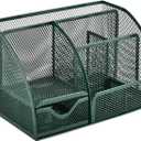 VANRA Office Supply Caddy Metal Mesh Desktop Supplies Organizer School Supply Holder Stuff Storage Organizer 6 Compartments with Drawer (Olive Green)