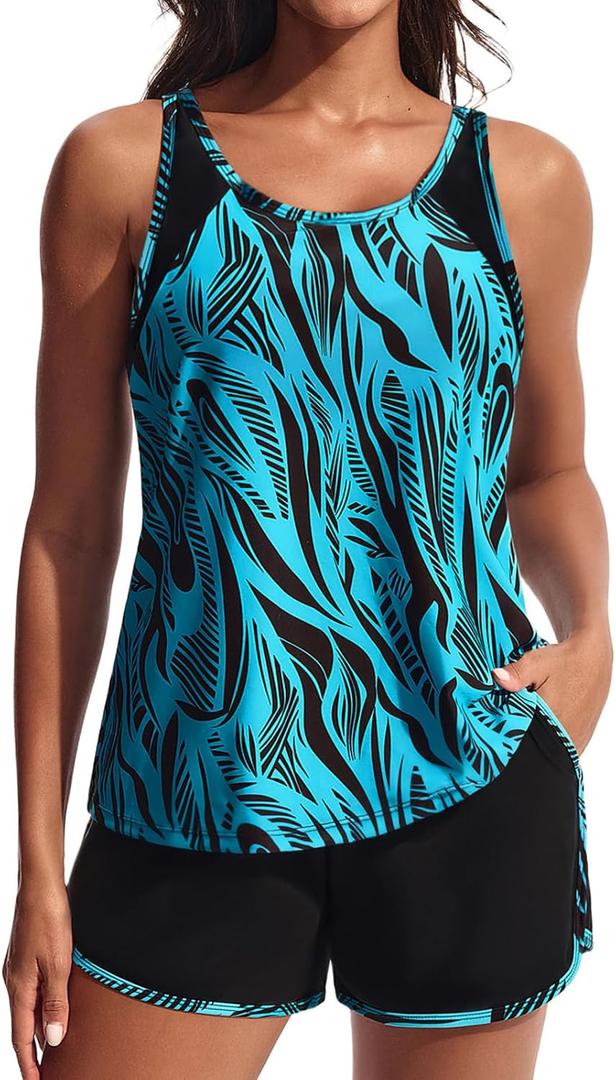 Hanna Nikole Women's Tankini Swimsuits Two Piece Tummy Control Bathing Suit with Athletic Pockets Swim Shorts Swimwear (Blue, S)