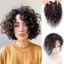 12" Curly Human Hair Topper for Women with Thinning Hair Loss,Fluffy Wavy Silk Base Topper Hair Piece Women Toupee Clip in Bangs Top Wiglet Hairpiece Dark Brown