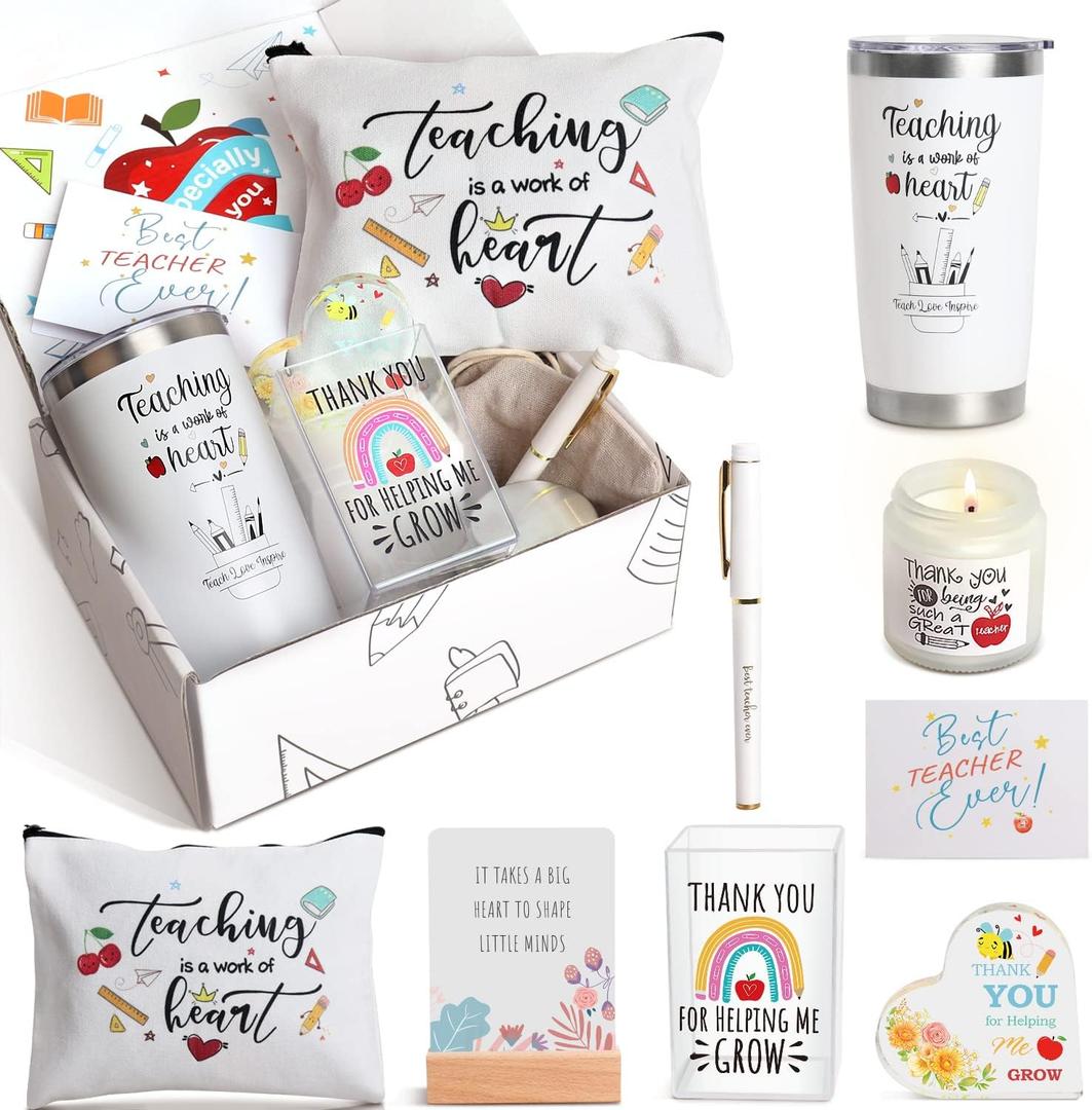 UAREHIBY 10 PCS Best Teacher Appreciation Gifts for Women,20 OZ Wine Tumbler Back to School Gifts for Teachers,Personalized Thank You Basket Box with Cosmetic Bag for New Teacher