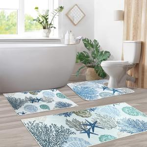 Sea Life Bathroom Rugs Sets 3 Piece Blue Runner Bath Mat Set with U Shaped Toilet Rug Non Slip Washable Bath Rugs for Sink Tub (Sea, 16x28+16x47+U Shape 20x24 inch)