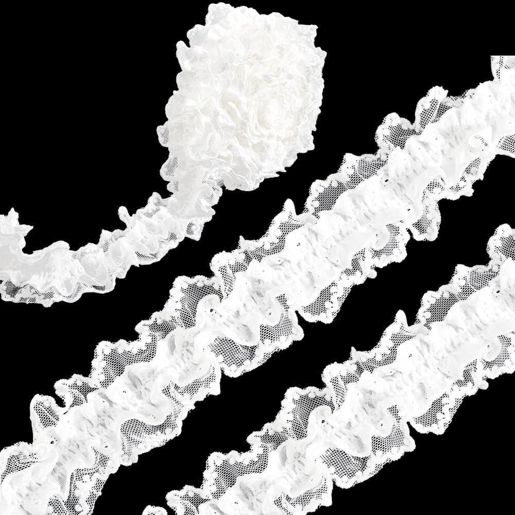 2 Inch White Cotton Pleated Lace Ribbon Elastic Ruffle Trim Vintage Floral Embroidered Wave Edge Gathered Stretch Mesh Ribbons for Sewing Making Bridal Decor Clothing Accessories DIY Craft