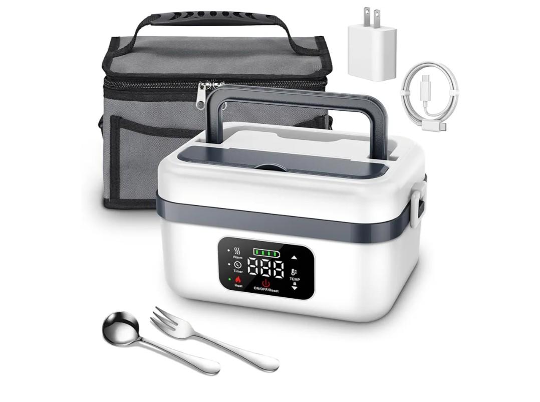 Cordless Electric Heated Lunch Box for Adults Men Women, Rechargeable Self Heating Battery Powered Food Warmer with 1L Container Fork Spoon and Insulated Carry Bag for Car Truck Travel Office(White)