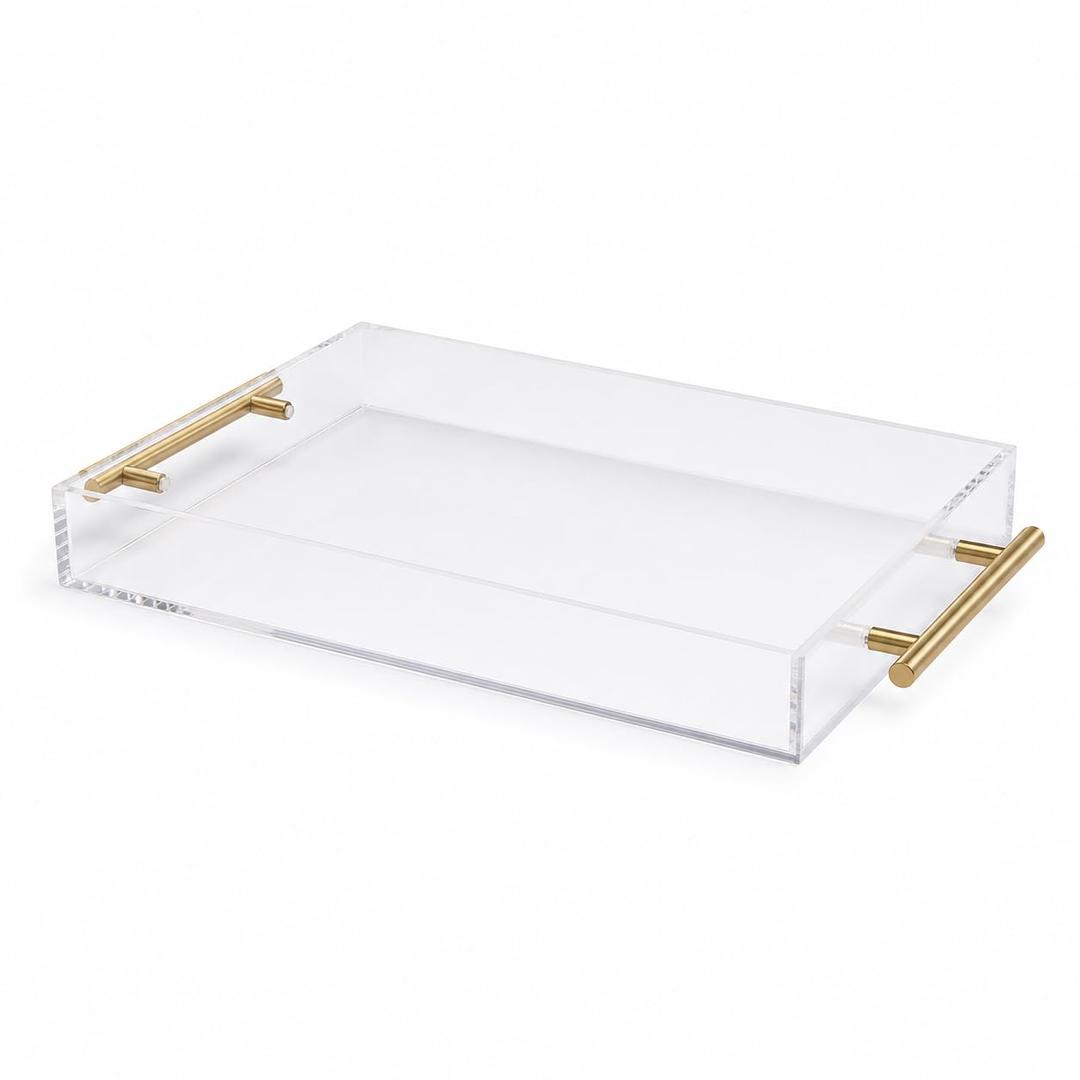 Clear Acrylic Tray 20x16” with Golden Metal Handles - Large Plastic Tray for Serving Guests, Countertop Organization, Ottoman Coffee Table & Vanity – Modern Decorative Tray for Home & Office