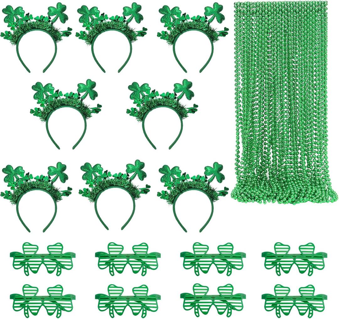 48 Pcs St. Patricks Day Accessories, Green Plastic Clover Shutter Glasses Frames Shamrock Headbands Green Beads Necklaces For Women Irish St. Patricks Party Decor