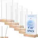 Acrylic Sign Holder 4 x 6 with Wooden Base - 6 Pack L/T Shape 2 in 1 Table Sign Stand Vertical or Slant Back Display, Photo Picture Frame, Menu Holder for Restaurant, Office, Store, Wedding