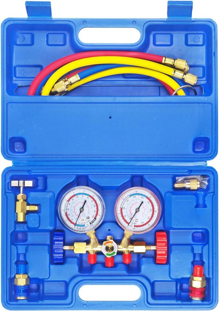 JIFETOR 3 Way AC Manifold Gauge Set, HVAC Diagnostic Refrigerant Charging Tool for Auto Household R404A R134A Refrigerant, Quick Couplers Can Tap Adapter Valve Core Tool, 3FT Hose