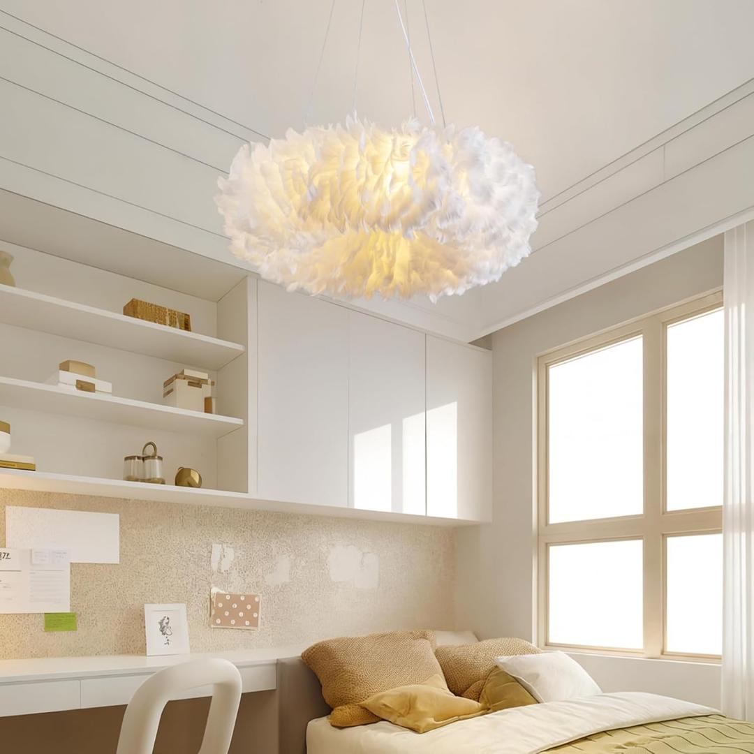 NZV White Feather Chandelier for Girls Room 19.7in Modern Feathers Lights Fixture Romantic White Pendant Light Nordic Ring Shaped Hanging Ceiling Lighting for Kitchen Island Dining Room Bedroom Foyer