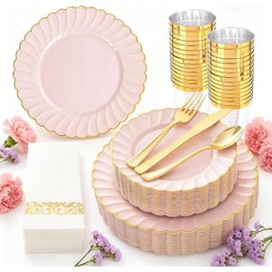 YOUBET 175PCS Pink Scalloped Plastic Plates - Gold Disposable Dinnerware Set Include 50 Plates, 75 Gold Silverware, 25 Cups, 25 Napkins for Party & Wedding & Baby Shower Mothers Day