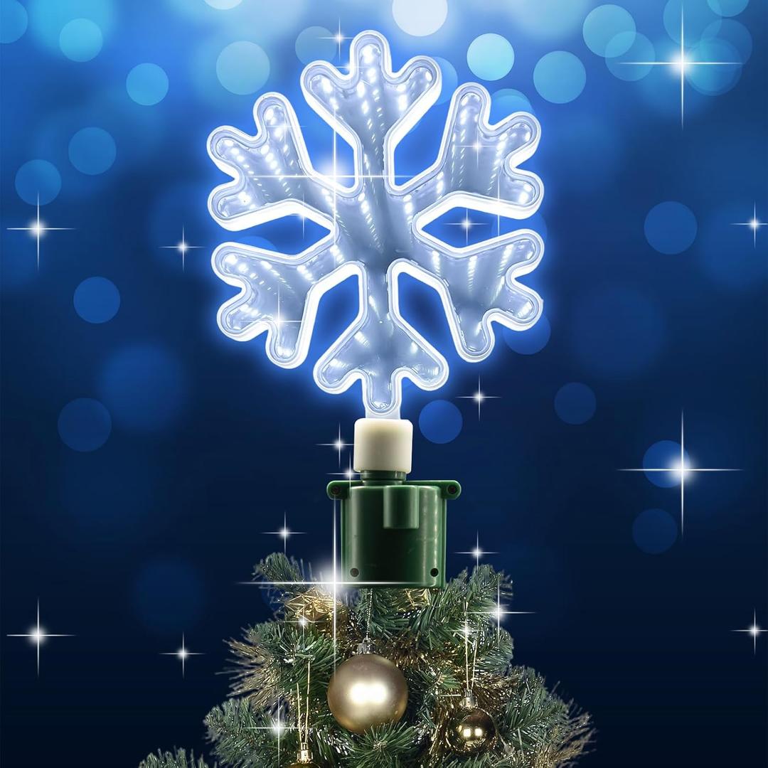 Christmas Tree Topper Lighted with White LED Lights, 360 Rotating Snowflake Tree Topper Ornament with Clip, Infinity Mirror Tree Topper Snowflake for Xmas Party Holiday Christmas Decorations