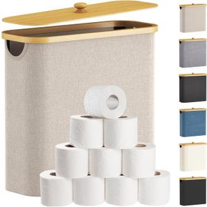 Lifewit 30L Toilet Paper Storage Holder for 12 to 16 Rolls, Free Standing Toilet Paper Basket Stand with Bamboo Lid, Collapsible Fabric Bathroom Organizer Box for Mega Rolls, Large, Beige