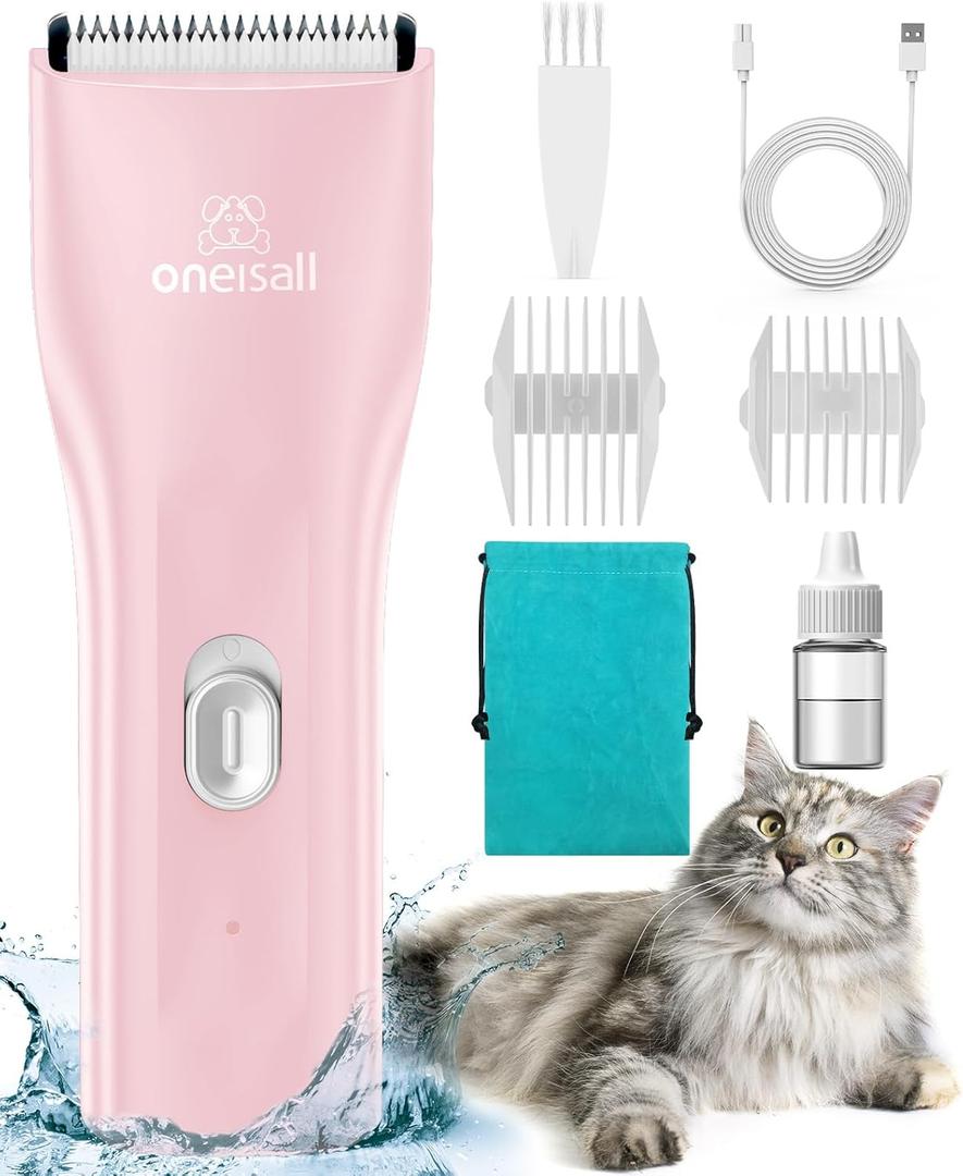 oneisall Pet Clipper for Cat Matted Hair, Pet Shaver for Cats Quiet Pet Clippers Waterproof Cordless Cat Clippers for Matted Hair Long Hair with Storage Bag (Pink) (Standard)