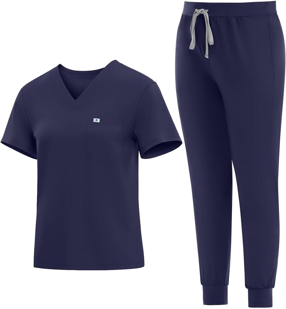 Medical Scrubs Set for Women - Classic V-Neck Top & Jogger Pants with Stretch Nursing Uniform Scrub Suit, Large