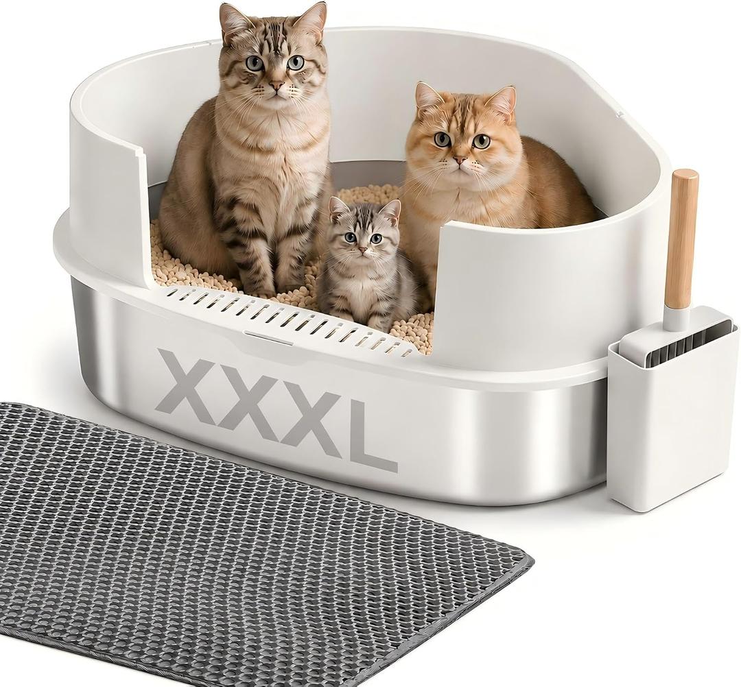 Gimars XXXL Stainless Steel Litter Box with Lid, 26.6" L x 20.3" W x 11.8" H Triangle Corner Metal Litter Box for Big Cats, Space-Saving Side Entry, High Sides, Easy to Clean