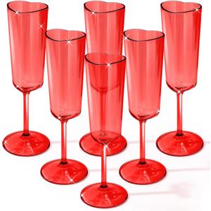 6 Pcs Valentine's Day Red Champagne Flutes 6 oz Heart Shaped Acrylic Champagne Flutes Valentine's Day Party Wine Cups Red Goblets Glasses for Wedding Anniversary New Year Party Supply