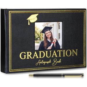Resurhang 2026 Graduation Autograph Book with Pen Leather Guest Sign in Book Photo Graduation Signature Books 100 Pages Class of Grad Memory Scrapbook for Seniors Night College Party Gifts(Black)
