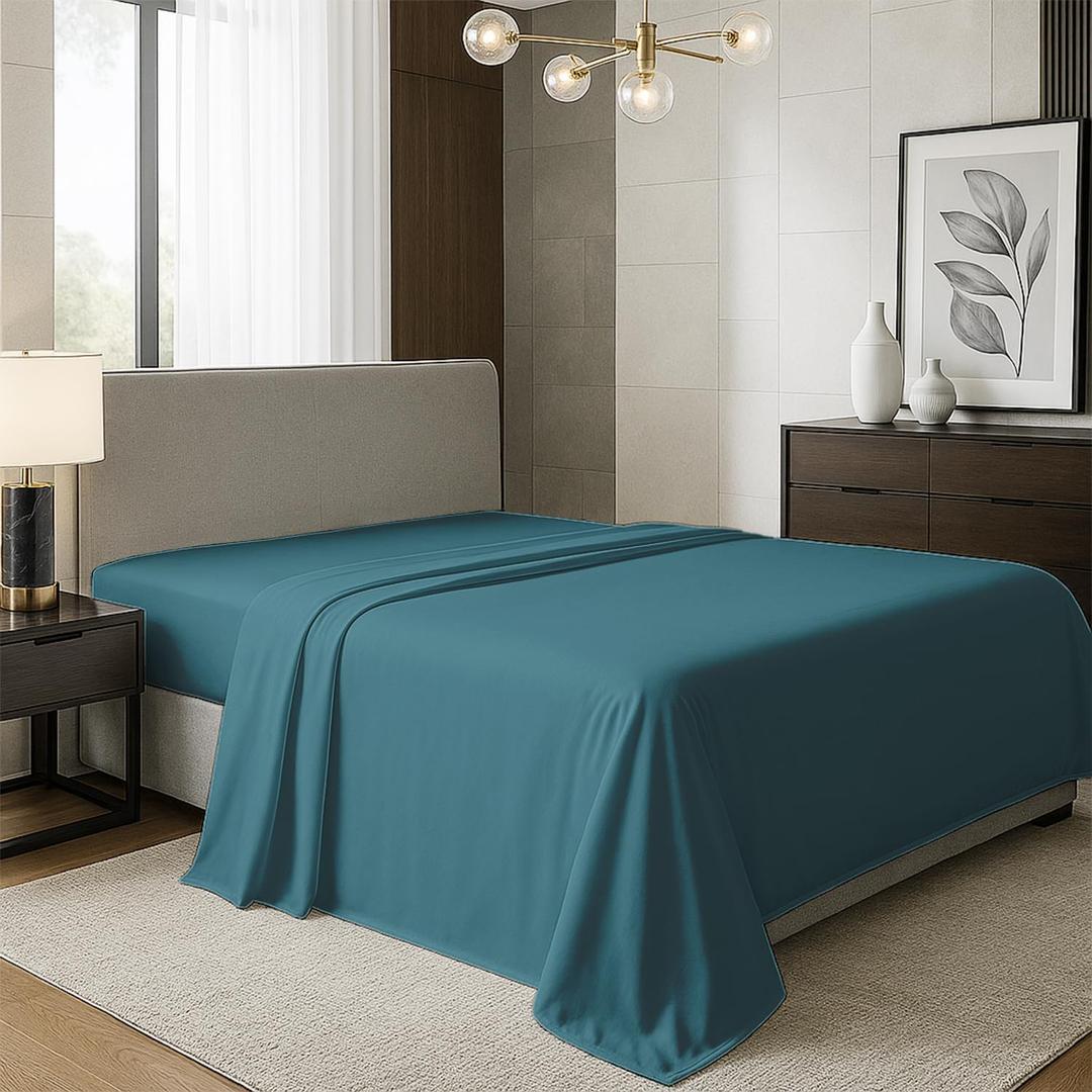TEXAS LINEN CO. 100% Organic Cotton Percale Flat Sheet Queen Size - 1 PC Flat Sheet, Teal - Crisp, Cool and Strong Bed Linen, Top Sheets for Hot Sleepers, Luxury Breathable GOTS Certified Sheets