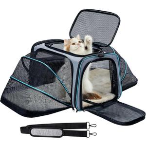 Pet Carrier Airline Approved, Expandable Foldable Soft-Sided Dog Carrier, 3 Open Doors, 2 Reflective Tapes, Pet Travel Bag Safe and Easy for Cats and Dogs (Grey & Blue-Pro)