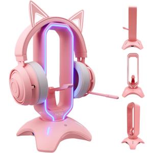 Tilted Nation Cute Headphone Stand Pink | Headset Stand with RGB, Mouse Bungee Holder, and 2 Port USB Hub Charger - Desk Gaming Accessories