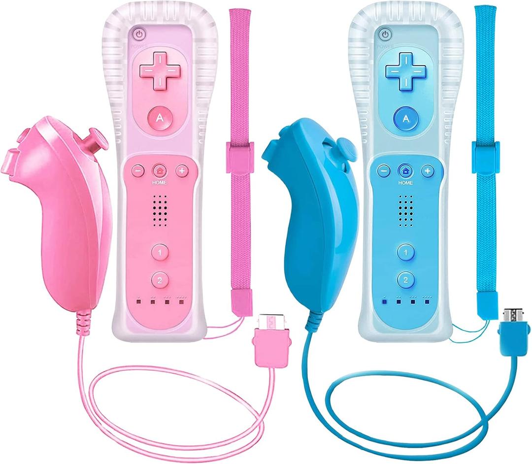 2 Packs Wireless Controller and Nunchuck for Wii and Wii U Console, Gamepad with Silicone Case and Wrist Strap (Pink and Blue)