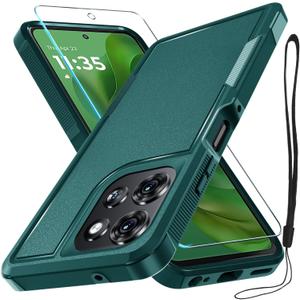 RMOCR for Moto G Power 5G 2025 Case, Full Body Heavy Duty Rugged Shockproof Protective Phone Cover with Lanyard Strap, Tempered Glass Screen Protector, Dark Green