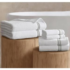 Madison Park 6 Piece Bath Towel Set 600 GSM, 100% Cotton Terry, Highly Absorbent Quick Dry Bathroom Towels with Hotel Style Border, Soft Plush Bath Hand Washcloth Set, Silver