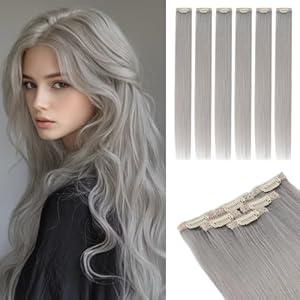 Rich Choices Real Human Hair Clip In Extensions-6 Pcs Single Clip Design-Invisible Clip in Extensions for Thin Hair-Hairpieces for Women/ Men-14 Inches Grey-Halloween Hairs Decorations