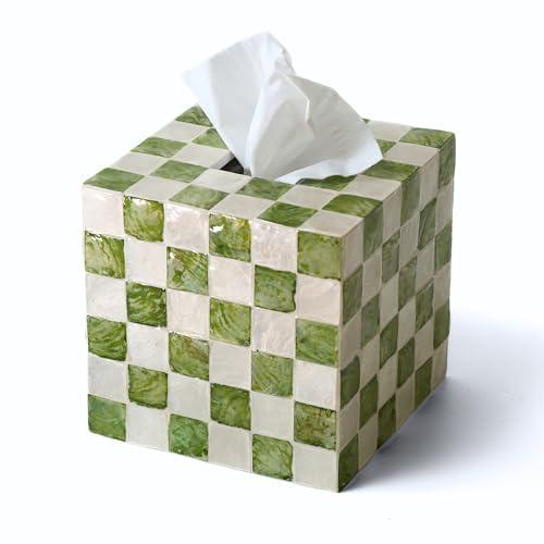 CHI AN HOME 5.7" Square Tissue Box Cover, Handmade Checkered Cube Tissue Box Cover with Capiz Shells, Decorative Tissue Holder for Living Room, Bathroom, Bedroom or Office (Pistachio Green)
