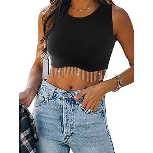 Womens Nashville Sparkly Rhinestone Fringe Sleeveless Crop Tops Y2K Raceback Ribbed Cropped Tank Tops with Glitter Tassel, Small