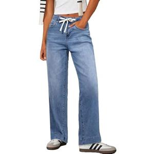 Sidefeel Women's Wide Leg Jeans High Waisted Stretchy Straight Leg Baggy Drawstring Zimbaplatinum Denim Pants Size 8