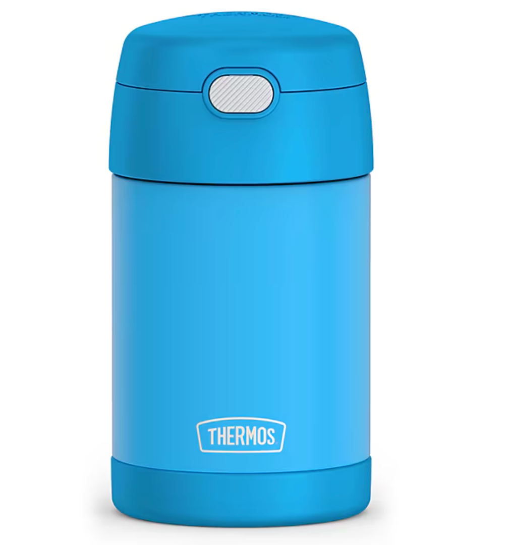 THERMOS FUNTAINER Insulated Food Jar, 16 Ounce, Kid Friendly Food Jar with Foldable Spoon, Blue