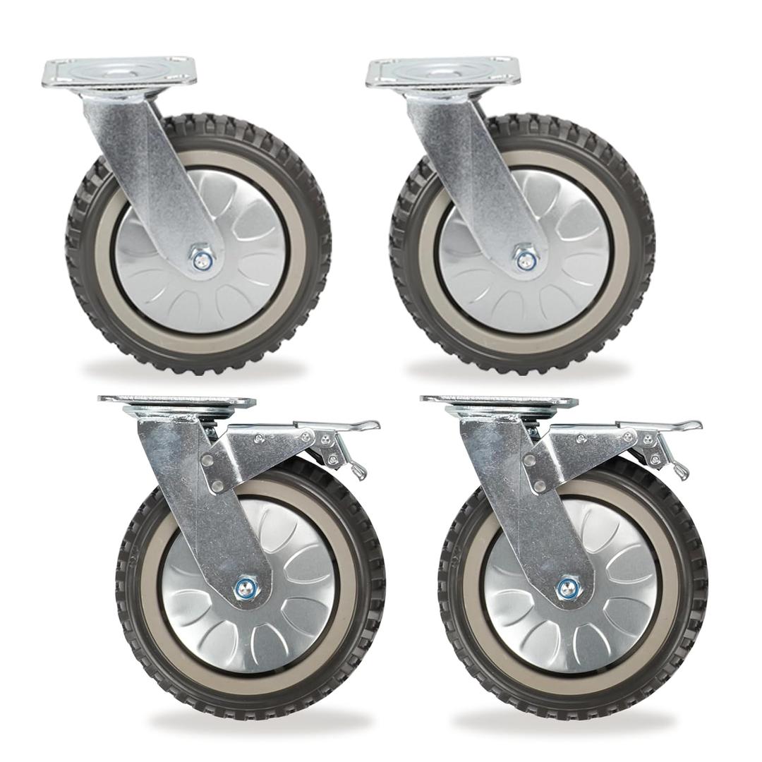 8 inch Caster Wheels Set of 4 360 Degree Swivel Castors Anti-Skid Mute Top Plate Casters, 2Pcs Locking Brake Casters 2 Pcs Without Brake