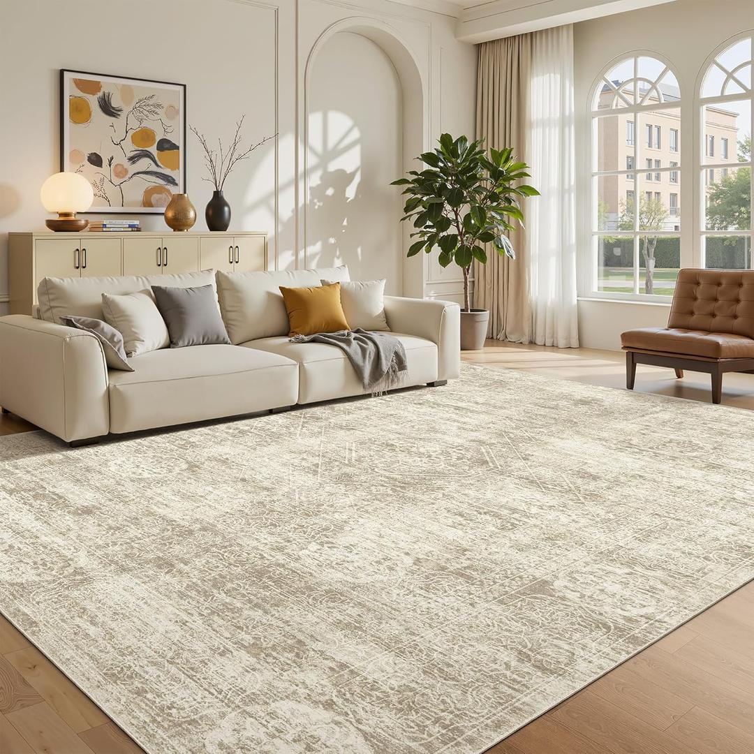 Madane 5x7 Area Rugs for Living Room, Soft Vintage Beige Area Rug with Non Slip Backing, Washable Non-Shedding Low Pile Print Floor Carpet for Home Office Decor