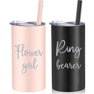 Sieral 2 Pcs 16 oz Flower Ring Bearer Tumbler Cup Stainless Steel Cup with Straw Water Bottle Gift Idea for Wedding Party(Black, Pink)