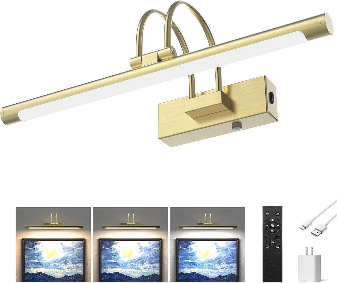 URSOLA 16 Picture Lights for Wall, 5200mAh Rechargeable Battery, Gold Coldless Picture Light with Remote. 3CCT, Timer, Dimmer.