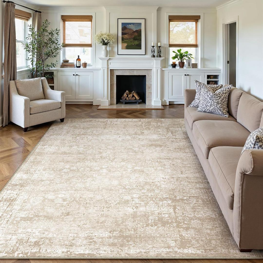 Washable Area Rug Beige Modren Neutral Living Room Bedroom Indoor Carpet Farmhuose Non Slip Low Pile Soft Under Table Throw Rug for Dining Room Office Decor