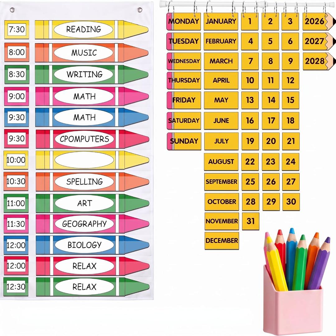 39" x 19" Crayon Daily Schedule Pocket Chart with 13+1 Pockets, Pencil Flip Calendar with 52 Date Cards, 18 Reusable Dry Erase Card Time Card, a Magnetic Pen Holder for Preschool Classroom, 6.3"W x 2.4"H