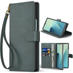 Oududianzi Leather Wallet Case for Samsung Galaxy Z Fold 7, PU Leather Flip Cover with Card Slots, Wrist Strap & Kickstand, Protective Phone Case, Green
