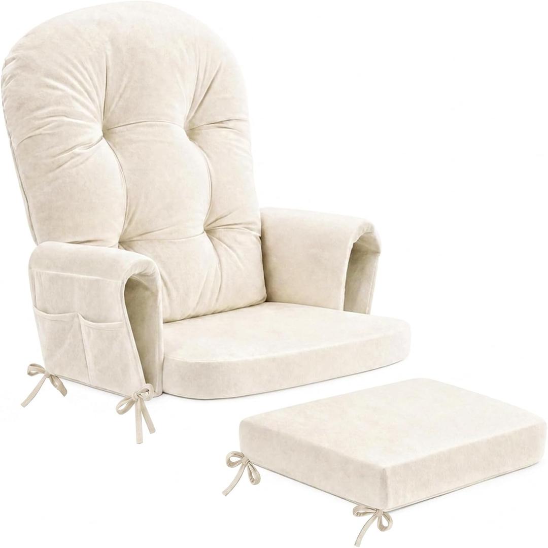 Glider Rocker Replacement Cushion Set, Rocking Chair Cushions with Back Support, Soft Vinyl Fabric, Non-Slip, Armrest Storage Pockets, Seat & Back Pads for Nursery Living Room