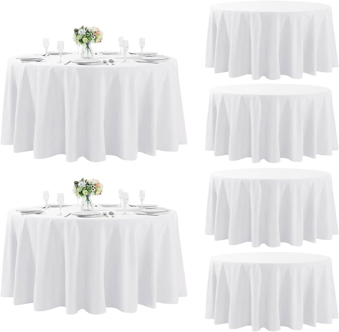 Fokitut 6 Pack Round Tablecloth, 108 Inch, Stain Resistant and Wrinkle Polyester Table Cloth, Fabric Table Cover for Kitchen Dining, Wedding, Party, Holiday Dinner-White