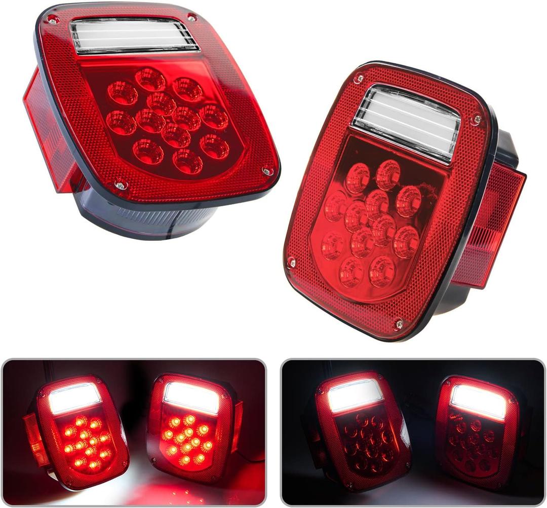 LED Replacement Tail Lights Taillights for 1979-2006 Jeep Wrangler TJ YJ CJ-5 CJ-7, Red Lens BAR Square Brake Stop Turn Signal Reverse License Plate lamp w/Side Marker Light Assembly, 2PCS