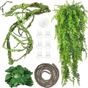 Fhiny 4 PCS Reptile Vines Plants Bendable Flexible Jungle Climbing Vines Plastic Leaves with Suction Cups Tank Accessories Habitat Decor for Bearded Dragons Lizards Snakes Geckos Frogs